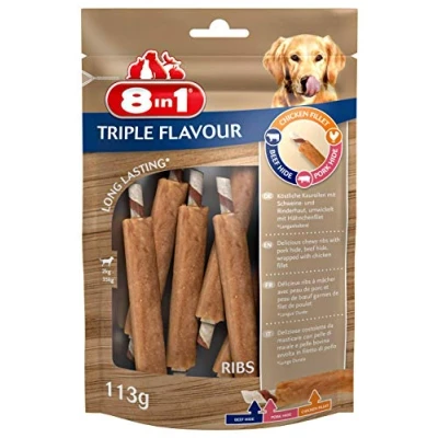 Afbeelding van 8 in 1 Triple Flavour koekjes voor honden, met extra veel vlees, per stuk verpakt (113 g), verschillende Soorten:, Ribs (1 x 113 g).
