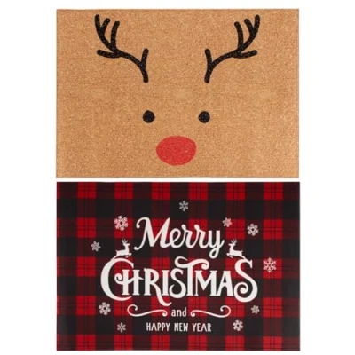 Afbeelding van COLOFALLA 2 stks Kerst Deurmat 40x60cm Merry Christmas Rendier Red Buffalo Plaid Antislip Indoor Nieuwjaar Kerstdecoraties (Eand en Witte Kerstmis)