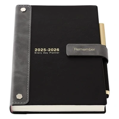 Afbeelding van Academisch dagboek 2025 2026, agenda 25, 26, A5, pagina per dag, hardcover organizer, midjaar, van juli tot juni maand weekplanner met pen, stickers, binnenvak, zwart