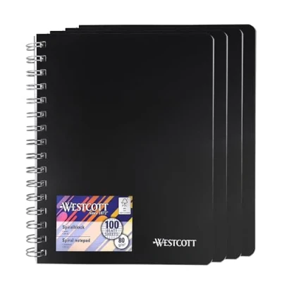 Afbeelding van Westcott E 730891 00 Notitieboek, A5, geruit, 4 stuks, 200 pagina&#039;s, ringband, geperforeerd met premium papier van 80 g/m², notitieblok spiraalbinding, collegeblok in kunststof omslag