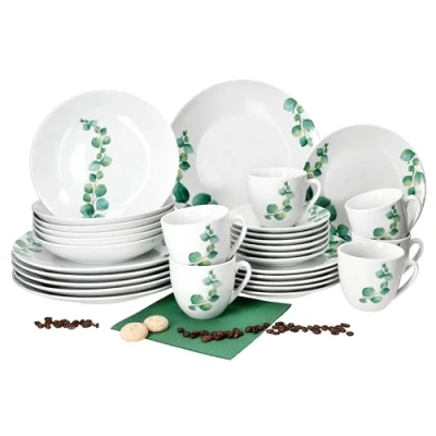 Afbeelding van MamboCat Eucalyptus 30 delig combiservies, wit porseleinen serviesset met groene plantendecoratie voor 6 personen, x koffiekopjes 180 ml, schoteltjes, taartborden, soepborden en platte borden