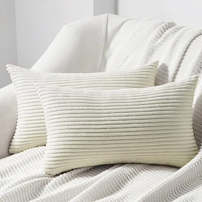 Afbeelding van Topfinel Kussensloop 30 x 50 cm, crème corduroy, set van 2 gestreept patroon, kussenovertrekken, sierkussen, bankkussen, decoratieve kussenhoezen voor de woonkamer