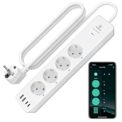 Afbeelding van ANTELA Slimme Stekkerdoos met 4 Stopcontacten + 2 USB A+2 C (met Snellaadfunctie), Smart 3680 Watt 16A Energiemeter, Compatibel Alexa Echo &amp; Google Assistant, Timer Functie