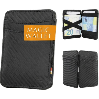 Afbeelding van Hunterson compacte Portemonnee voor heren en dames uit leder, Kaarthouder met RFID bescherming, Portefeuille plaats 8 kaarten, Magic Wallet, Zwart Carbon