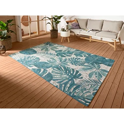 Afbeelding van Buitenkleed Tropical Leaves 80x165 cm Blauw Grafisch Vloerkleed 123vloerkleed.nl is de online webshop voor vloerkleden en woonaccessoires.