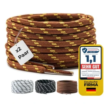 Afbeelding van LaceHype 2 paar premium ronde veters, diameter 4,5 mm, voor werkschoenen, laarzen, outdoorschoenen en sportschoenen, scheurbestendige schoenveters, vervangende schoenveters van polyester, bruin/geel, 150 cm