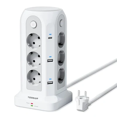 Afbeelding van TESSAN 12 Voudige Stekkerdoos, Stekkerdoos met 4 USB A en 2 C, Verlengkabel Meerdere Stekkers 2M, Schakelaar voor Thuiskantoor, Zwart