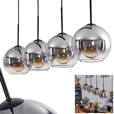 Afbeelding van Koyoto hanglamp, metaal/glas hanglamp in zwart/smoke/clear, 4 lamps lamp vintage/retro design met glazen kappen (Ø 20 cm), hoogte max. 152,5 cm, x E27, gloeilampen niet inbegrepen