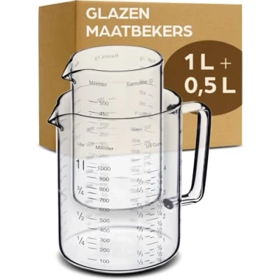 Afbeelding van Glazen Maatbekers met Schenktuit 1L &amp; 500ml Hittebestendig Magnetronbestendig Nauwkeurige Schaalverdeling Ideaal voor Bakken, Koken en Mengen
