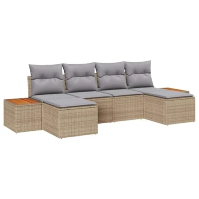 Afbeelding van vidaXL 6 delige tuinset met kussens in beige poly rattan en acacia