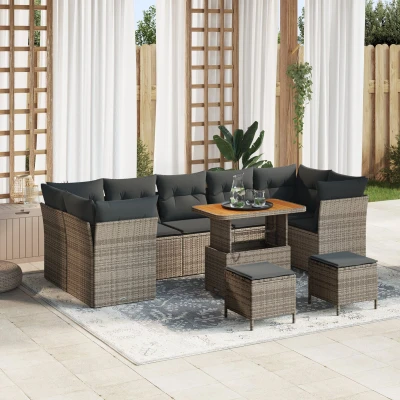 Afbeelding van vidaXL 10 delige Tuin Sofa Set met Kussens Grijs Poly Rattan Acacia