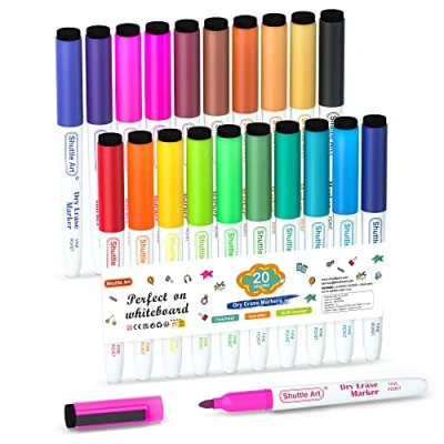 Afbeelding van Shuttle Art Dry Erase Markers, 20 kleuren met wissen, fijne punt droog wissen markers perfect voor schrijven op uitwisbaar whiteboard spiegelglas school kantoor thuis