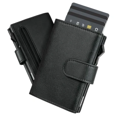 Afbeelding van YESIIW Heren portefeuilles, slanke creditcardhouder portemonnee voor mannen, pop up kaarthouder RFID blokkering, Zwart