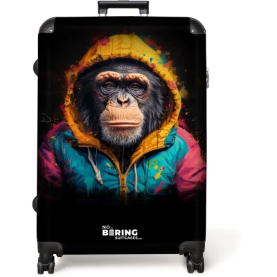 Afbeelding van NoBoringSuitcases.com® Koffer groot Reiskoffer lichtgewicht Aap met kleurrijk vest Rolkoffer 4 wielen Grote trolley XL 98 liter bagage