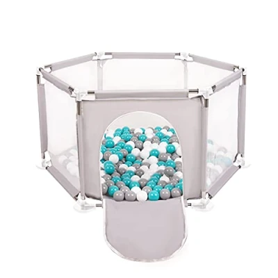 Afbeelding van Selonis Hexagon 6 Side Play Pen met 100 ballen, Grijs: Grijs/Wit/Turkoois