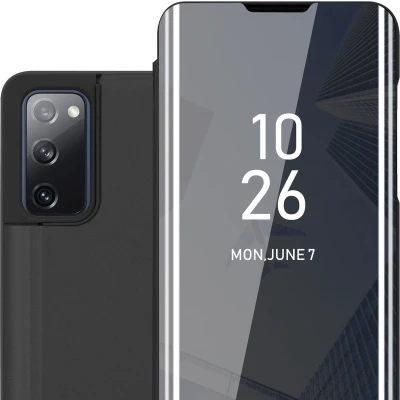 Afbeelding van Cadorabo Hoesje geschikt voor Samsung Galaxy S20 FE in TOERMALIJN ZWART Clear View Spiegel Beschermende Case met Tribunefunctie 360 Graden Bescherming Book Cover Etui
