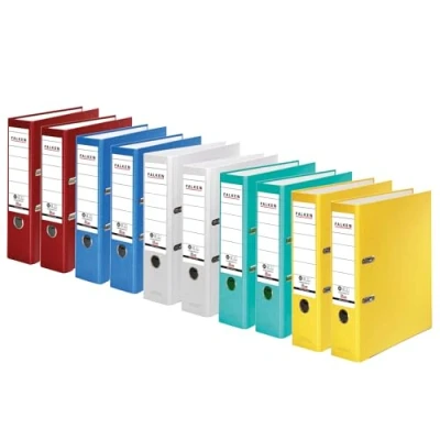 Afbeelding van Originele FALKEN 10 pack Recycolor milieu map eco. Made in Germany. Gekleurde papieren buitenzijde 8 cm breed DIN A4 op kleur gesorteerd ringmap briefordner CO2 neutraal Blue Angel