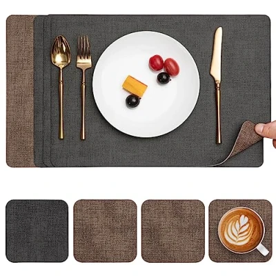 Afbeelding van Myir JUN Lederen Placemat en Onderzetters, Tafelmatten Waterdichte Afveegbare Dubbelzijdige Plaats Matten Koffiematten Antislip Wasbare Placemats Coaster (Grijs Bruin, Sets 4)