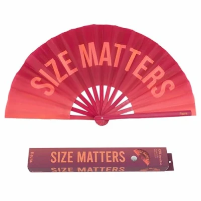 Afbeelding van Fisura grote Opvouwbare waaier &quot;Size&quot;. Originele met roze boodschap XXL. van bamboe. Afmetingen: 64 x 33 cm.