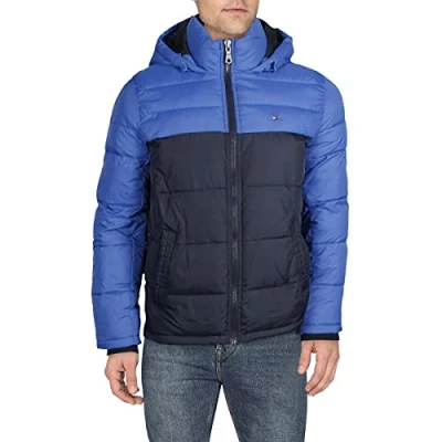 Afbeelding van Tommy Hilfiger Klassieke donsjack met capuchon voor heren (standaard en groot lang) alternatieve buitenkledingjas, Koningsblauw Kleurblok, L