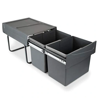 Afbeelding van Emuca Kitchen Recycling Container, 2 x 15 L, bodembevestiging, handmatige afzuiging, staal en kunststof, antracietgrijs