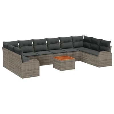 Afbeelding van vidaXL 11 delige Tuin Sofa Set met Kussens Grijs Poly Rattan Acacia, 2 Zits Opslag &amp;