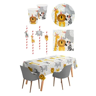 Afbeelding van Boland Safari set tafeldecoratie, decoratie, papieren bekers, borden, servetten, tafelkleed, rietjes, verjaardag, kinderdag, dieren