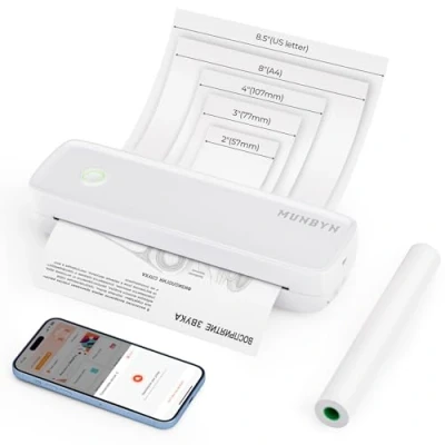 Afbeelding van MUNBYN Draagbare printer Draadloos reizen ITP04, Thermische Bluetooth printer, Ondersteuning 8,5&#039;&#039;x11&#039;&#039;&amp;A4, Inktloze Compatibel met Android iOS telefoon en laptop, Kleine mobiel, Wit