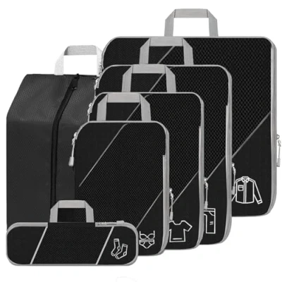 Afbeelding van SINZUX Zwarte compressiekoffer organizerset, 6 delig, ultralicht, uitbreidbaar, compressiepakkubussen, kofferorganizer, reisorganizer voor koffer, rugzak, bagage