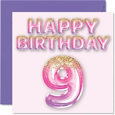 Afbeelding van 9e verjaardagskaart voor meisjes roze en paarse glitterballonnen gelukkige verjaardagskaarten 9 jaar oud meisje dochter zus kleindochter neef, 145 mm x negen negende verjaardag