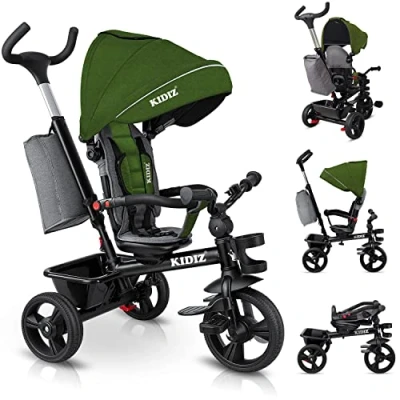 Afbeelding van KIDIZ® Kinderdriewieler 5in1 Loopfiets Driewieler Driewielfiets voor Kinderen vanaf 1 jaar Jogger vooruit en achteruit Kinderfiets met mand, tas, Bekerhouder, zonnekap rubberen wielen, Khaki