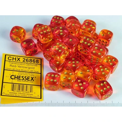 Afbeelding van Chessex Gemini Translucent Red Yellow/gold D6 12mm Dobbelsteen Set (36 stuks)