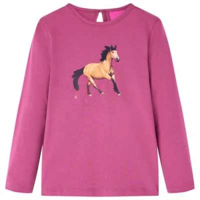 Afbeelding van Kindershirt met lange mouwen paardenprint 116 frambooskleurig