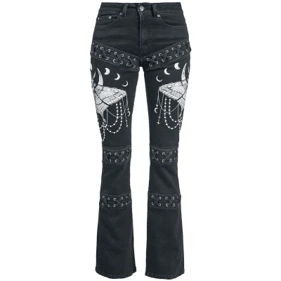 Afbeelding van Gothicana Zwarte jeans met uitgebreide prints en vetersluiting Vrouwen W28L32