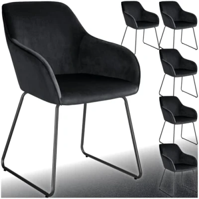 Afbeelding van tectake® Eetkamerstoel Jeane Set van 6 Eetkamerstoelen met doorlopende rugleuning en armleuning Kuipstoelen fluwelen bekleding Stijlvolle keukenstoelen voor eetkamer of woonkamer Slipvrije vloerbeschermende voetjes Zwart/zwart