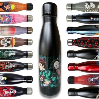 Afbeelding van Dubbelwandige geïsoleerde stalen fles, herbruikbaar, Demon Slayer zwart, houdt 12 uur warm en koud, voor sport, reizen, dagelijks gebruik, 500 ml, BPA vrij, officiële licentie