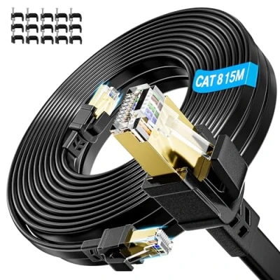 Afbeelding van Cat8 Ethernet Kabel 15m Afgeschermde Platte Kabel, RJ45 Cat 8 40Gbps 2000MHz Internet Hoge Snelheid FTP Gigabit LAN Super Lange Netwerkkabel Zwart, Geschikt Voor PC, Modem, Router, X Box