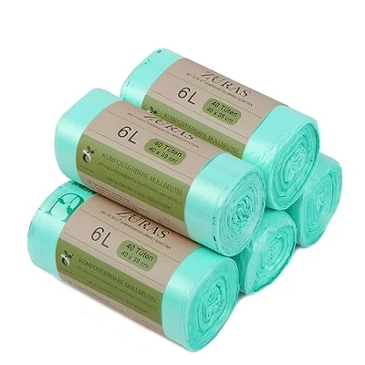 Afbeelding van ZURAS Biologische afvalzakken, 6 liter, met trekkoord, 200 stuks, compostgeschikte, biologisch afbreekbare vuilniszakken, DIN en 13432 gecertificeerd getest, scheurvast waterdicht…