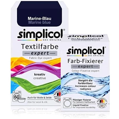 Afbeelding van simplicol textielverf expert marineblauw + fixeermiddel: textiel, wol, zijde blauw verven, set 1x150g en 1x90ml