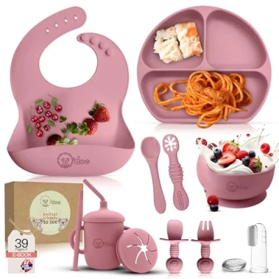 Afbeelding van O&#039;doe 11 delige Baby Led Spenen Voeding Supplies voor Peuters, Set Zuig Siliconen Bowl Zelf Eetende Gebruiksvoorwerpen met lepels, slabbetjes, Peuters Lepel Set, Voedsel Plate