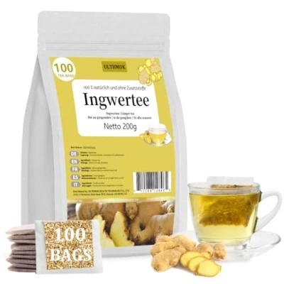Afbeelding van ULTHMOK Premium Gemberthee 100% Pure Gemberwortel, 100 Theezakjes, Geen Additieven &amp; Cafeïnevrij: Uw Perfecte Kruidige Metgezel