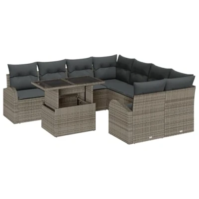Afbeelding van vidaXL 9 delige Tuin Sofa Set met Kussens Grijs Poly Rattan