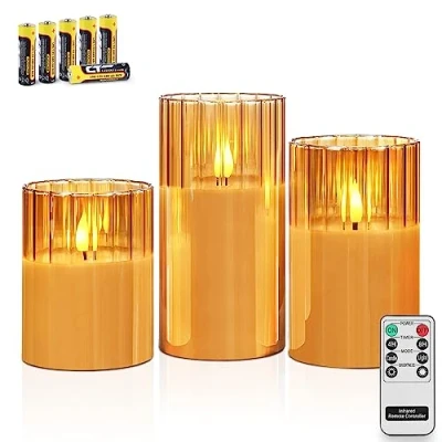 Afbeelding van Rhytsing Gouden geribbelde glazen batterij aangedreven LED kaarsen met afstandsbediening, vlamloze kaars geschenkset timer, warm wit licht Inclusief 6 batterijen Set van 3
