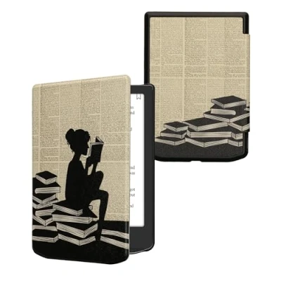 Afbeelding van kwmobile e reader hoesje compatibel met Pocketbook Verse/Verse Pro/Verse Color/Vivlio Light/Light HD Magneetsluiting Ereader case Meisje boeken in zwart/beige