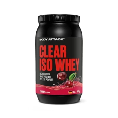 Afbeelding van Body Attack Clear Iso Whey Cherry Flavour 900 g Made in Germany verfrissend, helder weiproteïne isolaat 24 eiwit en 11.400 mg EAAs* per Shake, suiker vetvrij