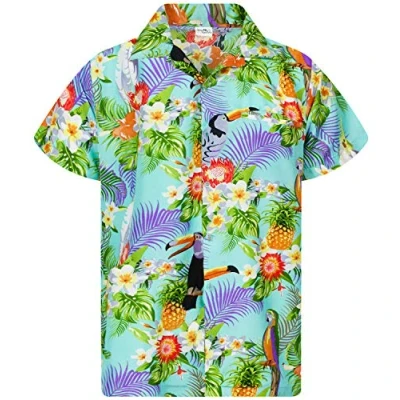 Afbeelding van Funky Hawaiiaans Overhemd, Hawaii Korte Mouw, Parrot Cockatoo, Lichtblauw, 3XL