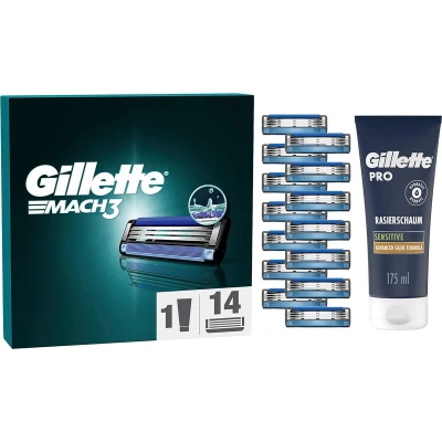 Afbeelding van Gillette Mach3 Scheermesjes Voor Mannen, Met 3 Mesjes, 14 Navulmesjes Heren + Pro Sensitive Scheerschuim 175 Ml