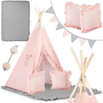Afbeelding van Nukido Tipi TEEPEE kindertent roze met slinger, kussens, grote mat, stabilisator