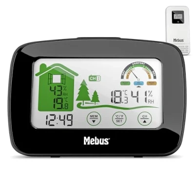 Afbeelding van MEBUS funkgesteuerte Wetterstation mit Außensensor, Thermometer/Hygrometer (innen/außen), Wohlfühlindikator bewertet Raumklima, Min /Max Funktion, Displaybeleuchtung, Farbe: Schwarz, Modell: 40902
