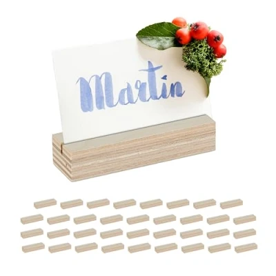 Afbeelding van Relaxdays naamkaartjeshouder hout set van 36 bruiloft fotohouder staand tafel